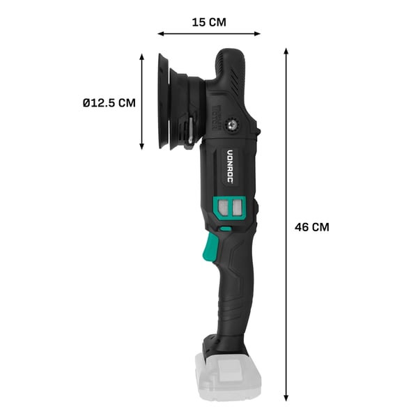VONROC Polermaskine 20V | PRO | Ø125mm | Dual Action | 7 Hastigheder | Børsteløs Motor | Inkl. 4.0Ah Akku og oplader