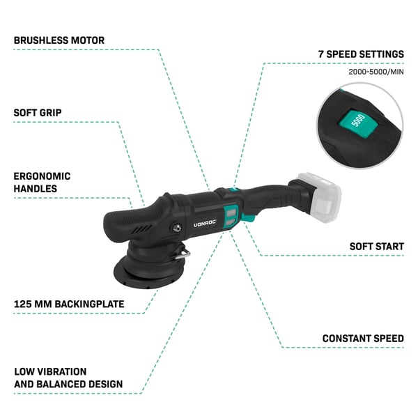 VONROC Polermaskine 20V | PRO | Ø125mm | Dual Action | 7 Hastigheder | Børsteløs Motor | Inkl. 2x 4.0Ah Akku og oplader