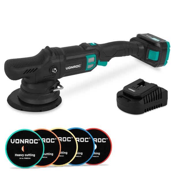 VONROC Polermaskine 20V | PRO | Ø150mm | Dual Action  | 7 Hastigheder | Børsteløs Motor | Inkl. 4.0Ah Akku og oplader