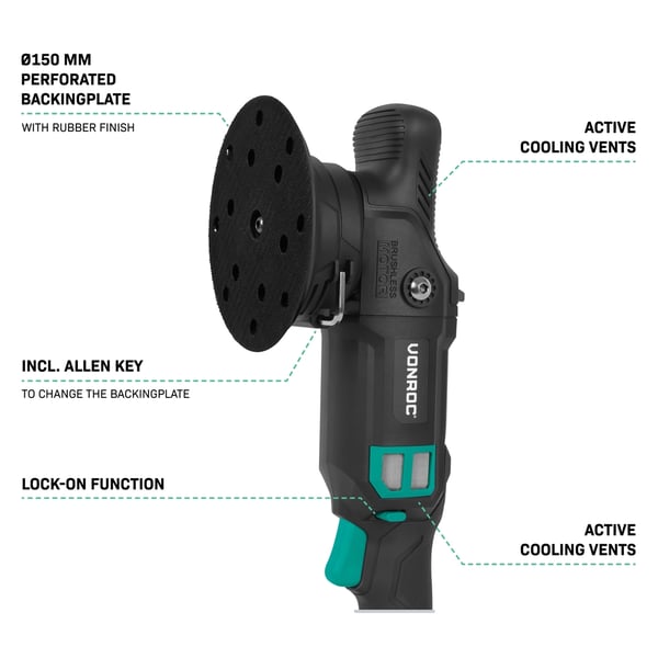 VONROC Polermaskine 20V | PRO | Ø150mm | Dual Action  | 7 Hastigheder | Børsteløs Motor | Inkl. 2x 4.0Ah Akku og oplader