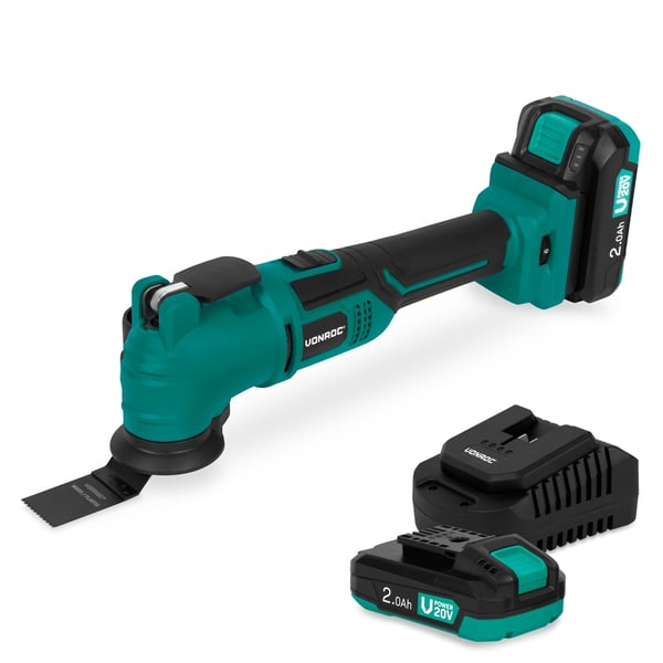 VONROC Multiverktyg 20V – Med 2x 2,0Ah Batterier & Snabbladdare | 6 hastigheter | Inkl. sågblad, skrapa & slipplatta