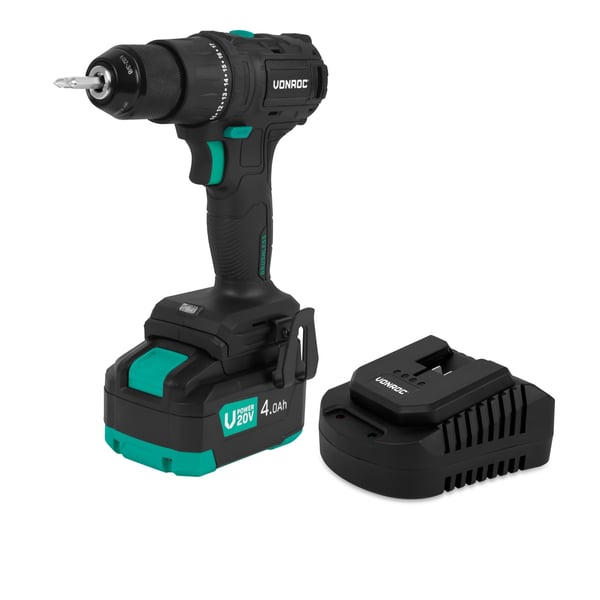 VONROC Boremaskine 20V – PRO| Kompakt & Kraftfuld | Børsteløs Motor | 40Nm Drejningsmoment | 17+1 Indstillinger | Inkl. 4.0Ah Akku & Oplader