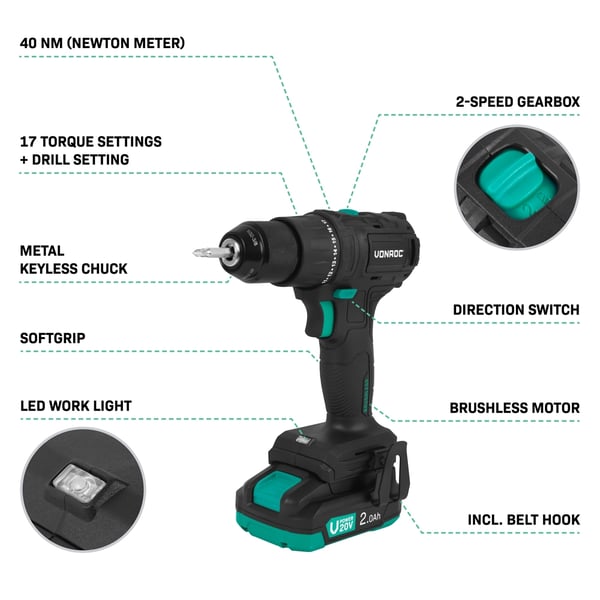 VONROC Boremaskine 20V – PRO| Kompakt & Kraftfuld | Børsteløs Motor | 40Nm | 46 dele Tilbehør | Inkl. 2.0Ah Akku & Oplader | Premium Kuffert