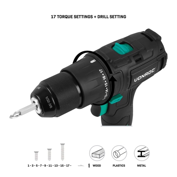 VONROC Boremaskine 20V – PRO| Kompakt & Kraftfuld | Børsteløs Motor | 40Nm | 46 dele Tilbehør | Inkl. 4.0Ah Akku & Oplader | Premium Kuffert