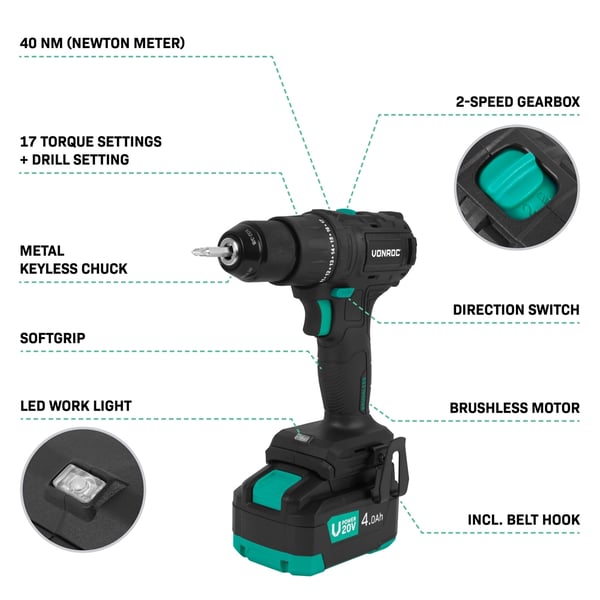 VONROC Boremaskine 20V – PRO| Kompakt & Kraftfuld | Børsteløs Motor | 40Nm | 46 dele Tilbehør | Inkl. 4.0Ah Akku & Oplader | Premium Kuffert