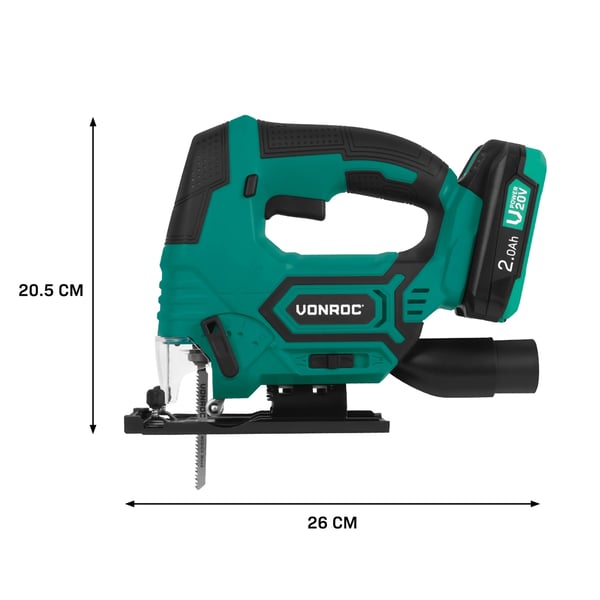 VONROC Stiksav | kompakt & kraftfuld | 2700 o/min | -45° til 45° geringsvinkel | Inkl. 2x 2.0Ah akku og oplader, Parallelanslag & 3 savklinger