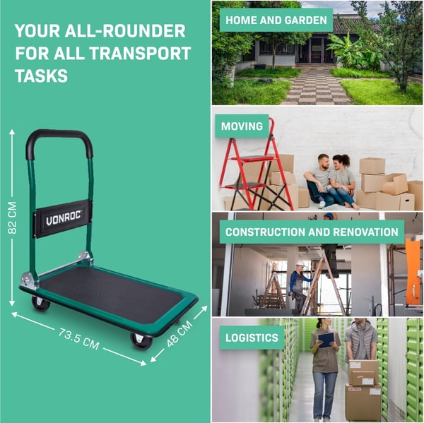 VONROC Sækkevogn | Transportvogn | Platformvogn | Sammenklappelig | Last max. 150 kg | Anti-slip - 360° drejehjul