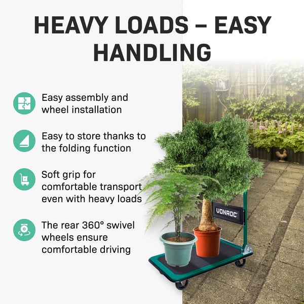 VONROC Sækkevogn | Transportvogn | Platformvogn | Sammenklappelig | Last max. 150 kg | Anti-slip - 360° drejehjul