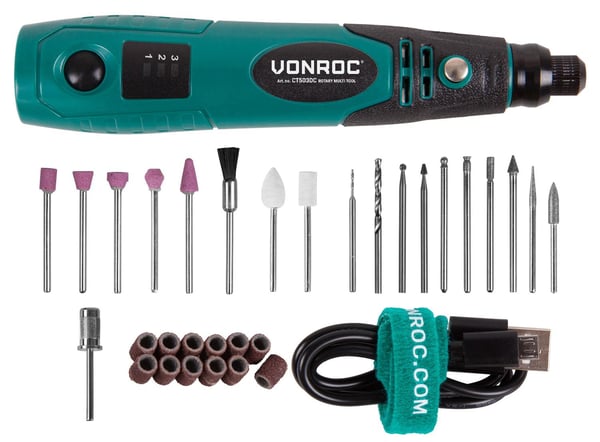 VONROC Multitool 4V | Roterende Multiværktøj | Slibning, Boring, Gravering, Polering & Skæring | Incl. 31‑dele tilbehør, USB‑ladekabel & taske
