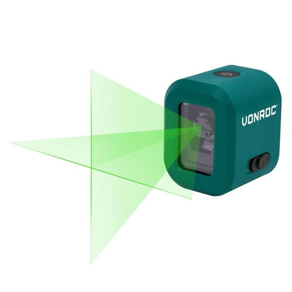 VONROC Laser 4V - Genopladelig krydslinjelaser - Grøn - Selvnivellerende - 18 meter rækkevidde | Inkl. USB-C oplader og universel klemme