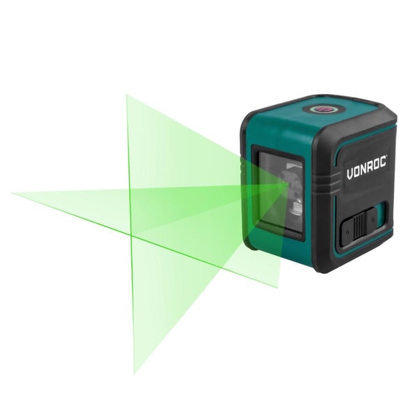 VONROC Laser 4V - Krydslinjelaser - Grøn - Selvnivellerende - 18 meter rækkevidde | Inkl. Værktøjstaske og batterier