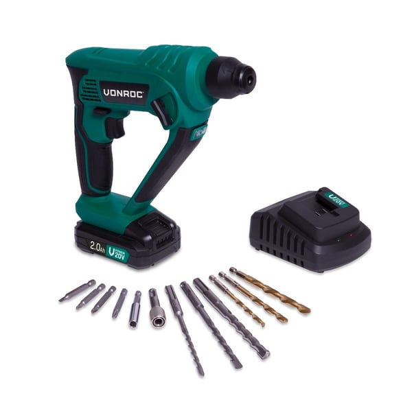 VONROC Borehammer 20V - 3-i-1 Slagboremaskine - Pneumatisk - 1.3 Joule | Inkl. 2.0Ah akku, oplader & tilbehør