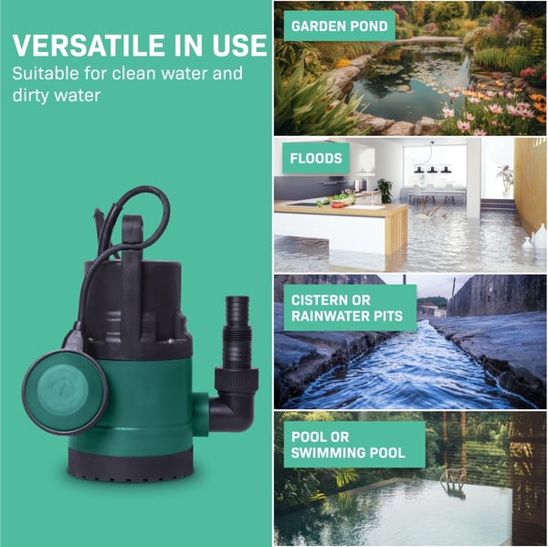 VONROC Dykpumpe - pumpe - 300W | 6500 l/t - med flyder & Termisk Beskyttelse | 5mm restvand | Snavset og rent vand
