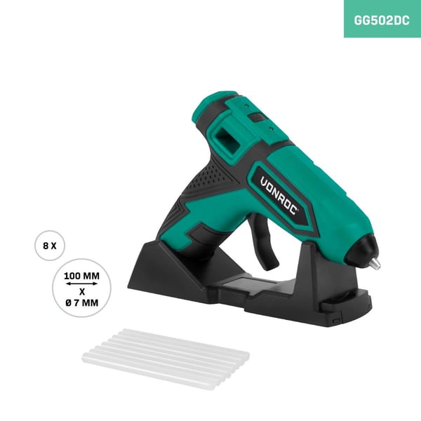 VONROC Limpistol 4V - 1.5Ah | Batteridrevet - opladelig | Inkl. oplader og 8 limstifter Ø7x100mm