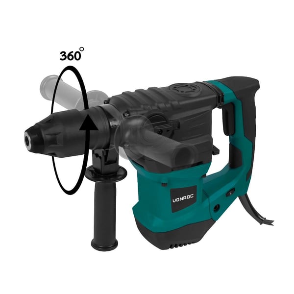 VONROC Borehammer - 1500W - Rotation - Pneumatisk - 6 Joule | Metal gearkasse | SDS plus | 4 Funktioner | Inkl. Bor, Mejsler & Tilbehør