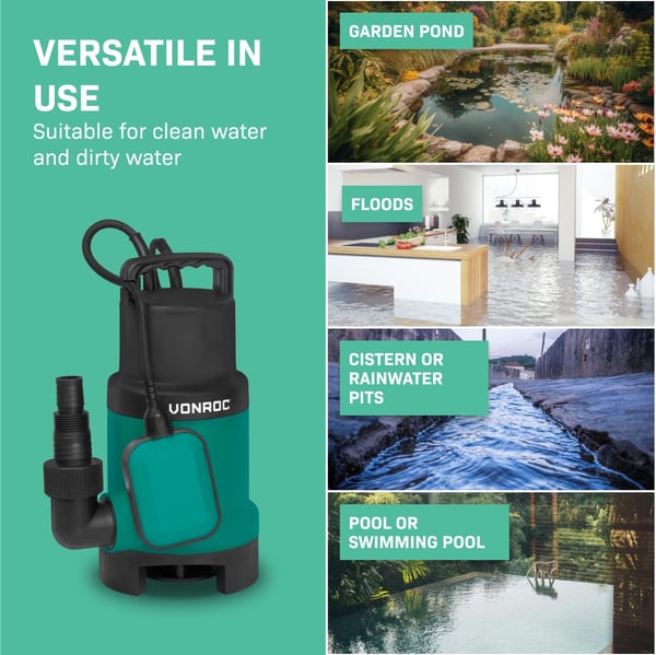 VONROC Dykpumpe - pumpe - 750W | 14000l/t - med flyder & Termisk Beskyttelse | max dybde på 7,5 m. | Snavset og rent vand