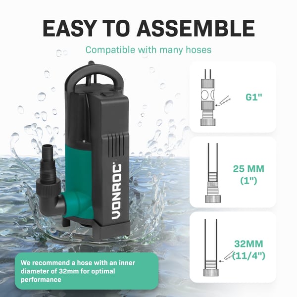 VONROC Dykpumpe - Pumpe - 750W | 14000 l/t - Integreret flyder | max dybde på 7,5 m. | Snavset og rent vand