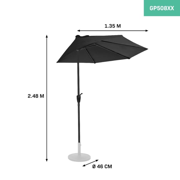 VONROC Premium Stangparasol Magione 270x135cm - inkl. overtræk - halvrund | Balkonparasol| Sort