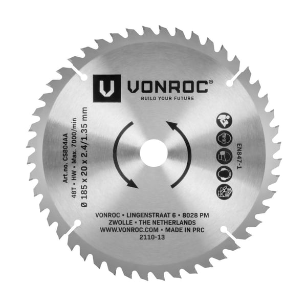 VONROC Rundsavsklinge - 185x20mm - 48T - Velegnet til træ – Universel
