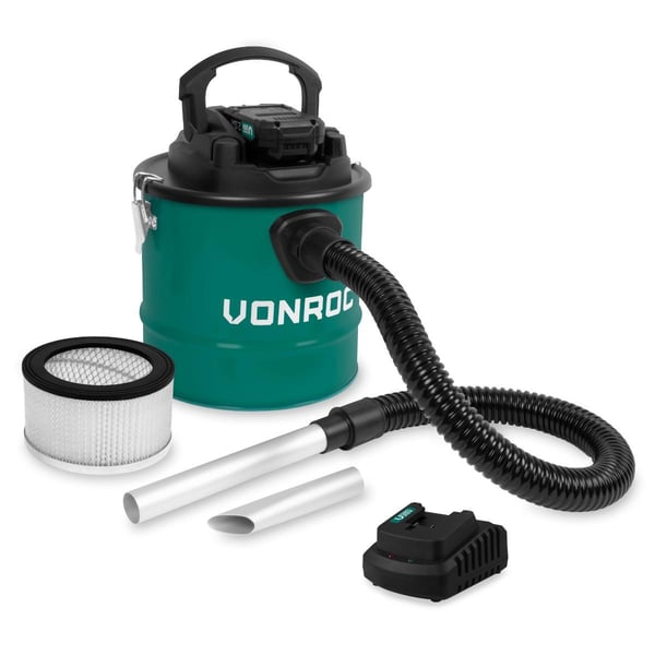 VONROC Askestøvsuger - 20V | 12L | HEPA filter | Blæsefunktion | Til Pejs, Grill, Brændeovn | Inkl. 2.0Ah akku og oplader