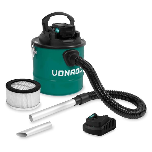 VONROC Askestøvsuger - 20V | 12L | HEPA filter | Blæsefunktion | Til Pejs, Grill, Brændeovn | Inkl. 4.0Ah akku og oplader