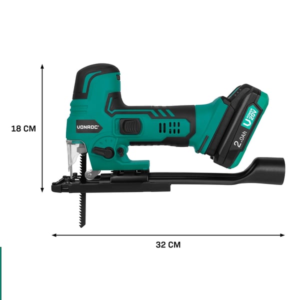VONROC Stiksav 20V - Ergonomisk greb | Præcis og kraftfuld | Inkl. 2.0Ah akku og oplader