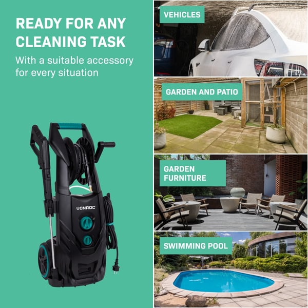VONROC Højtryksrenser PRO - 2500W | 195 bar – Fuge- og Facaderenser – Terrasserenser 468 l/h inkl. Premium Tilbehør | Ideel til Mos- og Stenrensning