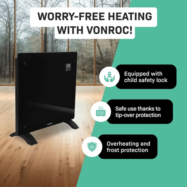 VONROC Radiator - Elradiator | Glas | Luksus | 1000W | WIFI - Smartapp styring | Op til 12m² | Sort