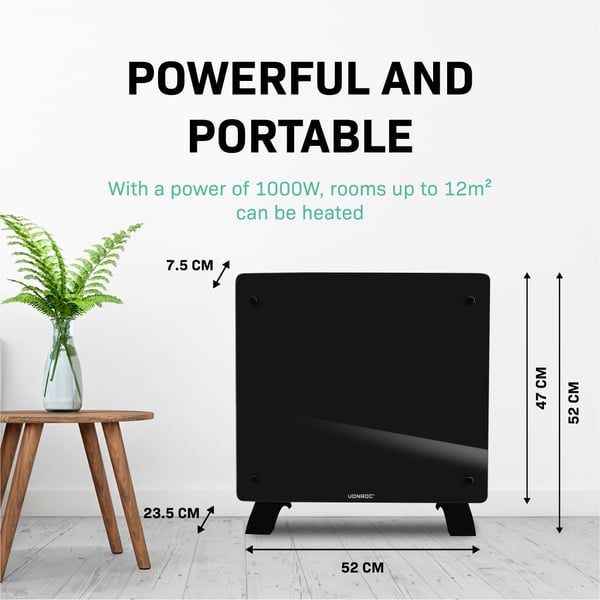 VONROC Radiator - Elradiator | Glas | Luksus | 1000W | WIFI - Smartapp styring | Op til 12m² | Sort