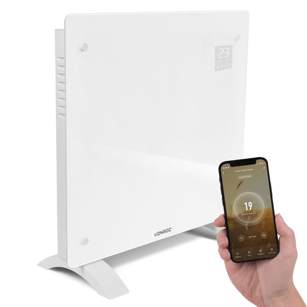 VONROC Lyxigt konvektorelement med glaspanel – 1000W – Vit | Wifi