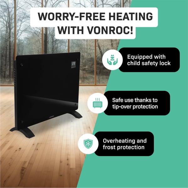 VONROC Radiator - Elradiator | Glas | Luksus | 1500W | WIFI - Smartapp styring | Op til 18m² | Sort