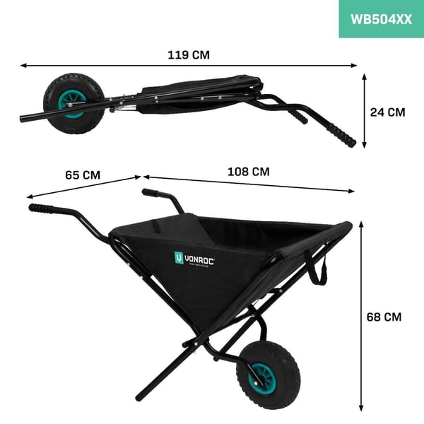 VONROC Hopfällbar Skottkärra – Lätt och Platsbesparande Trädgårdsvagn med 30 kg Kapacitet, Ergonomiska Handtag och Luftfyllda Hjul