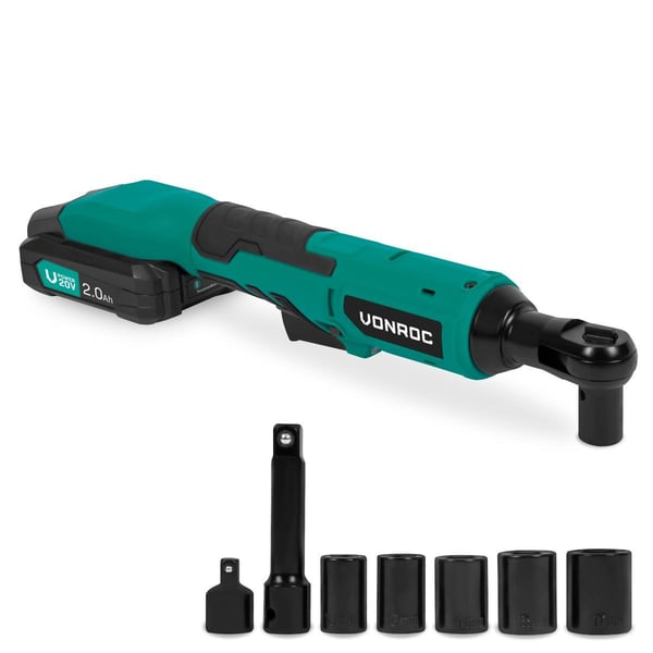 VONROC Batteridriven spärrnyckel 20V – 50Nm, 300 rpm, LED-ljus, 2.0Ah batteri, laddare & 8-delars hylssats