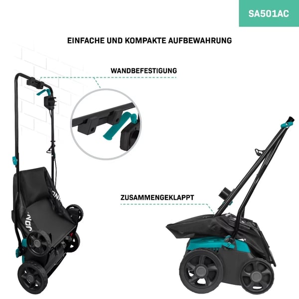 VONROC Plænelufter – 2-i-1 - Vertikalskærer - Mosfjerner - 1300W | 32cm | Inkl. 35L Opsamler, Vægophæng og 2 Ruller