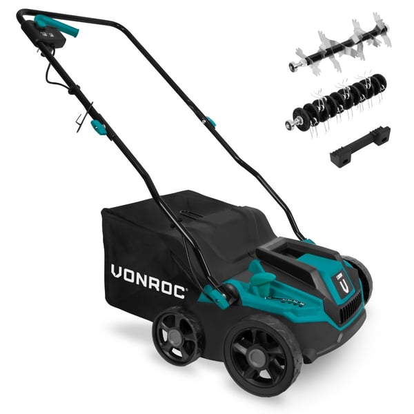 VONROC Plænelufter – 2-i-1 - Vertikalskærer - Mosfjerner - 1300W | 32cm | Inkl. 35L Opsamler, Vægophæng og 2 Ruller