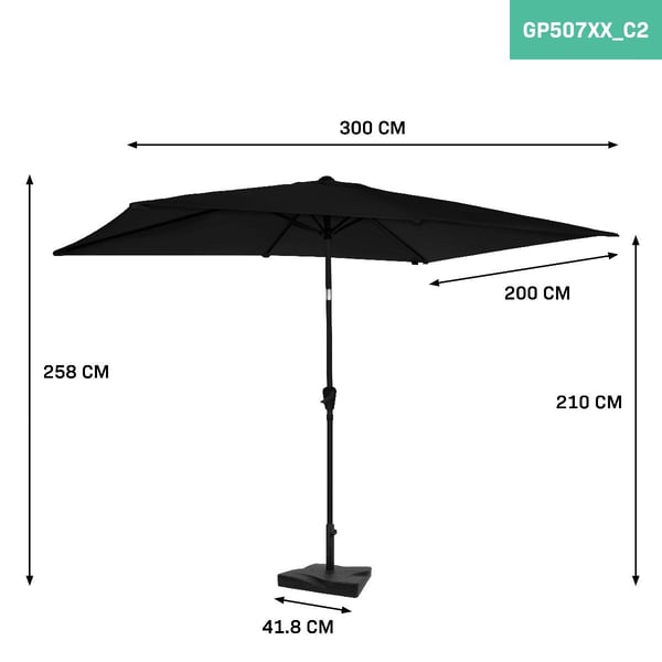 VONROC Premium Stangparasol Rapallo 200x300cm - inkl. □ Betonfod og overtræk - rektanglær | Sort