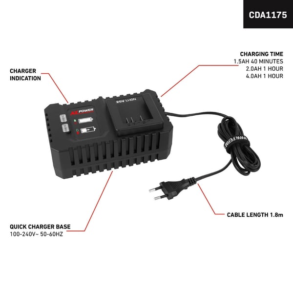 FERM CDA1175 20V Hurtiglader – Kompatibel med AX-Power & FX-Power – Til 1.5Ah, 2.0Ah & 4.0Ah akku– Oplader på kun 60 min