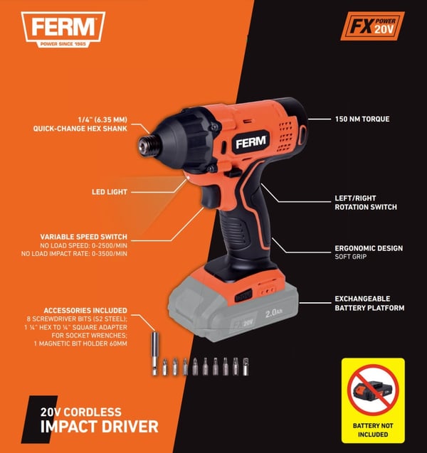 FERM CDM1165 Slagskruetrækker 20V – 150Nm – Uden batteri og lader – Inkl. 10 tilbehør – AX & FX kompatibel