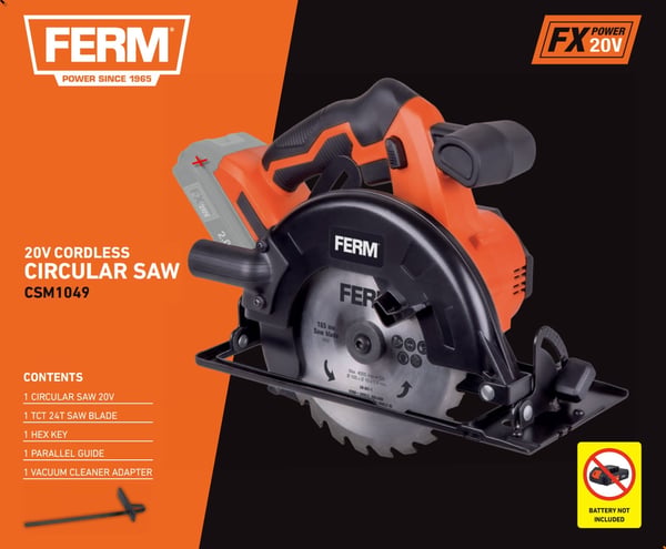 FERM CSM1049 Akku Rundsav 20V | 165mm TCT Blad | AX/FX-Power | Solo | Ekskl. Akku og Lader