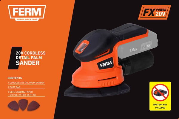 FERM PSM1033 Slibemaskine 20V | Softgrip | Støvudsugning | Solo | Ekskl. Akku og Lader
