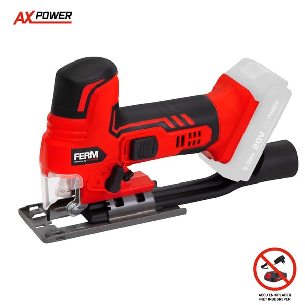 FERM JSM1037 - Akku Stiksav - 20V - AX Power - Barrelgrip - 4 pendulindstillinger - Støvsugeradapter - Hurtigskiftesystem- 2 klinger - Solo - Ex. Akku