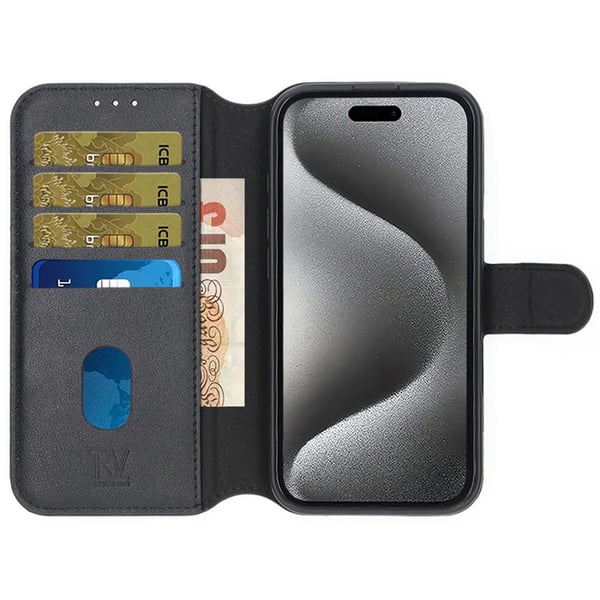 iPhone 16 Pro Plånboksfodral Äkta Läder Rvelon - Svart