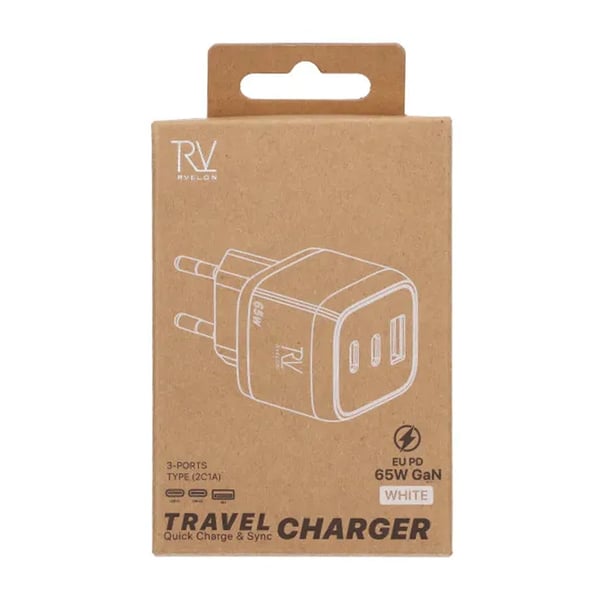 Rvelon Väggladdare 2x USB-C + USB-A 65W GaN - Vit