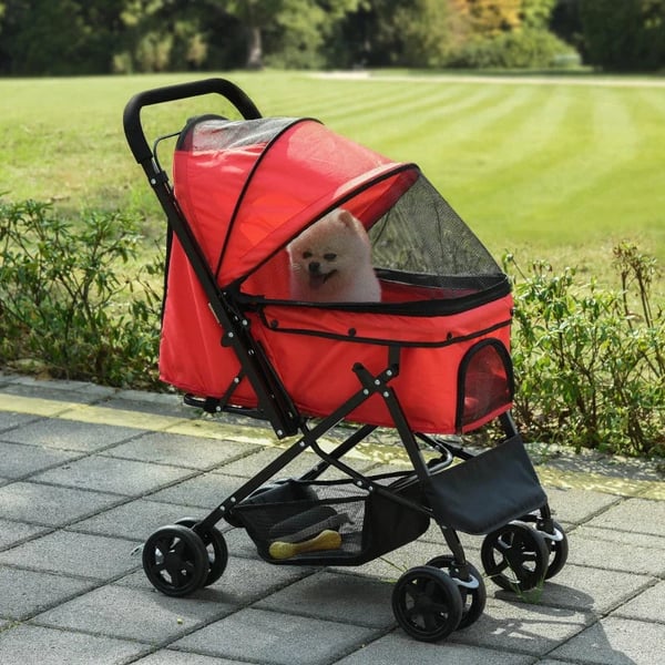 Rootz Dog Buggy - Hundevogn - Buggy til små hunde og katte - Kæledyrsvogn - Kæledyrsvogn - Kattevogn - Oxford - Rød - 76,5 x 52 x 95 cm