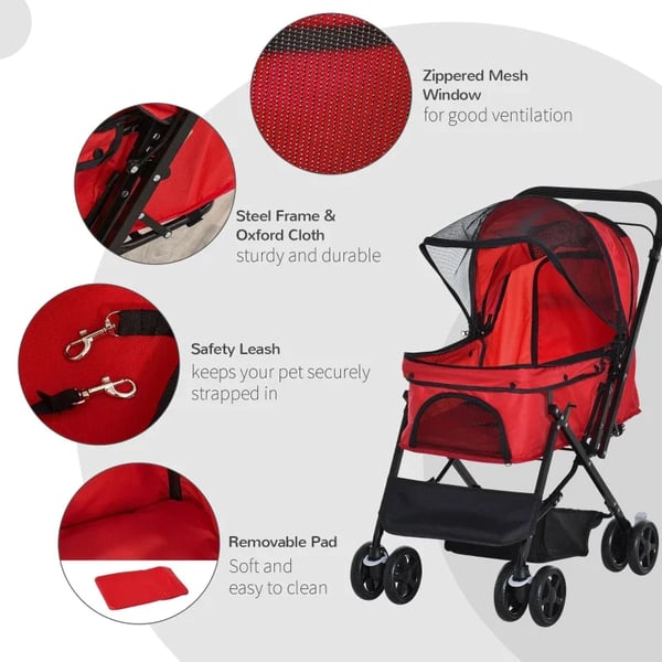 Rootz Dog Buggy - Hundevogn - Buggy til små hunde og katte - Kæledyrsvogn - Kæledyrsvogn - Kattevogn - Oxford - Rød - 76,5 x 52 x 95 cm