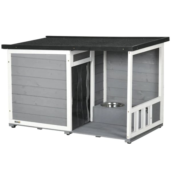Rootz Solid Wood Hundekennel - med 2 foderskåle - Veranda - Vejrbestandig - Grå + Hvid - 103cm x 62cm x 66cm