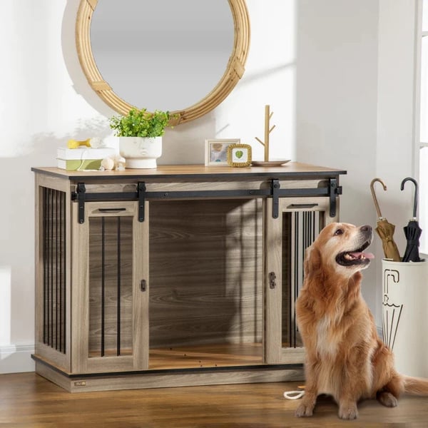 Rootz Hundebure - 2-dørs hund - Transportkasse - Alt inkluderet - Toværelses - Rustikt design - Låsbar - Stålspånplade - Eg - 120L x 60W x 88,5H cm