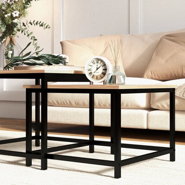 Rootz Nesting Bord - Sæt med 2 sideborde - Industrielt design - Sort stålstel - Bordplade i trælook - Spånplade - Naturligt træ - 60cm x 60cm x 45cm