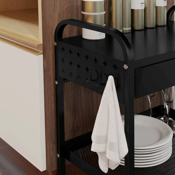 Rootz Køkkenvogn - 1 Skuffe - Sidekroge - 1 Hylde - 4 Hjul - Lille kurv - Multifunktionsvogn - Plast+stål - Sort - 61L x 32,6W x 58,5Hcm