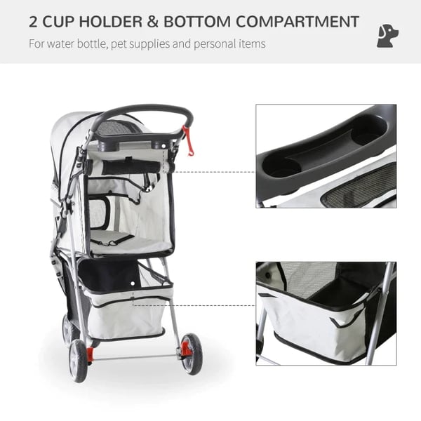 Rootz Hundeklapvogn - Hundevogn - Hundebuggy - Hundetrolley - Trolley Kæledyr - Rejseklapvogn til Kæledyr - Løbevogn til Hvalpe - Grå - 75L x 45B x 97H cm